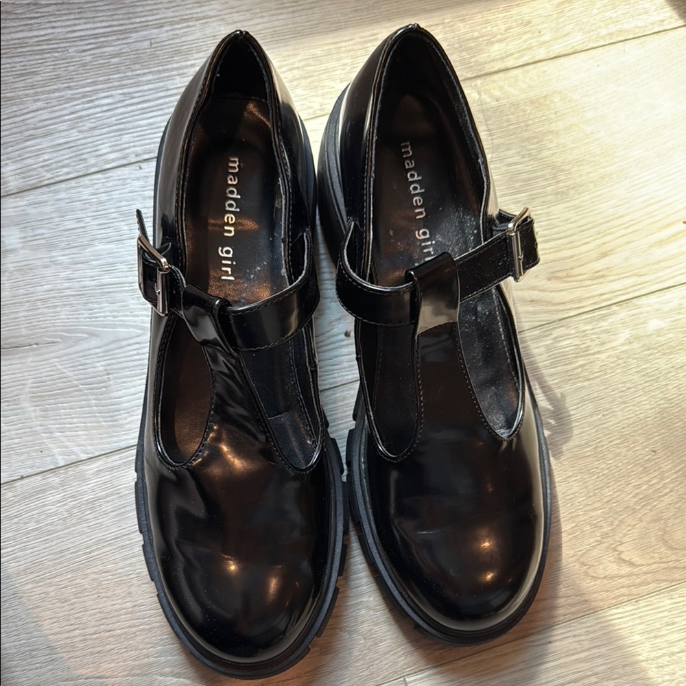 Madden Girl Glossy Black T-Strap Platforms